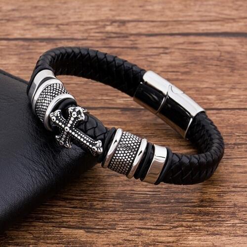 Fashion Charm Stainless Steel Magnetic Black Leather Men Bracelet Cross Jewelry Bangle Accessories Punk Rock Braided Multilayer