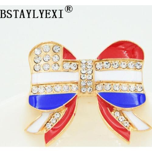 BSTAYLYEXI British flag color bow rhinestone High Quality Crystal Brooches Women Fashion Brooche Jewelry Clothing Accessories