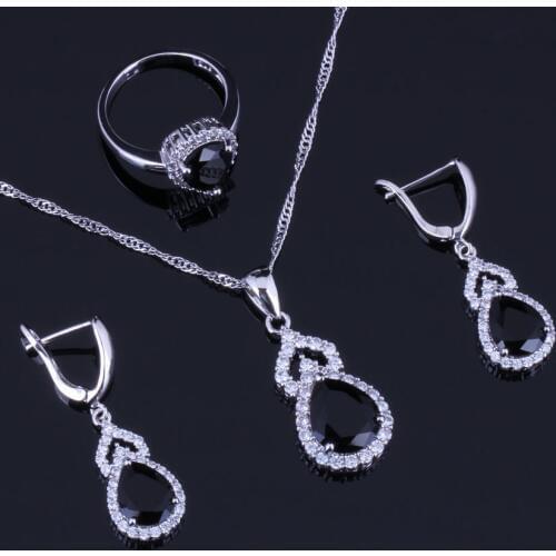 Glaring Pear Black Cubic Zirconia White CZ Silver Plated Jewelry Sets Earrings Pendant Chain Ring V0292