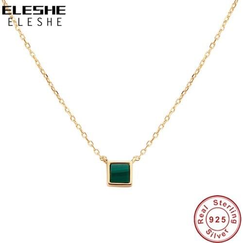 ELESHE Real 925 Sterling Silver with 18K Gold Plated Necklace Malachite Square Pendant Necklace for Women Fine Jewelry
