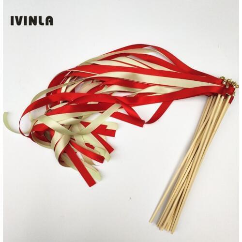 Hot selling 50pcs/lot red cream ribbon wands with gold bell for wedding decoration