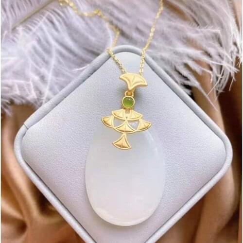 Natural Hetian Jade White Jade Egg Noodle Pendant Female Ginkgo Leaf Jade to Give Mom Birthday Gift Jewelry Necklace