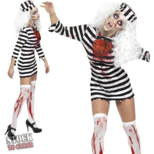 Halloween Cosplay Horror Zombie Bloody Female Prisoner Costume Masquerade Black White Stripes Female Prisoner Bloody Costume