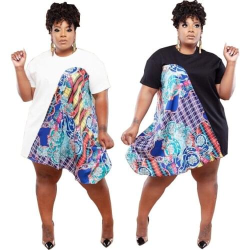 L-4XL 2021 women clothing plus size dress white black patchwork printing short sleeve casual dresses Wholesale Dropshipping