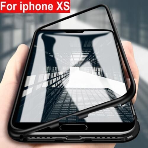 Magnetic Adsorption Metal Case For iphone XS Phone Case Luxury coque Magneto Tempered Glass + soft edge back Cover iphoneXS Case