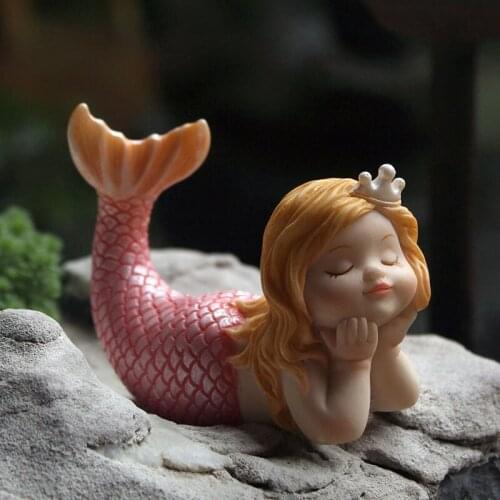 Cute Sleeping Mermaid Figurines for Aquarium Miniature Fairy Garden Cake Decorations Resin Room Decor Accessories Shells