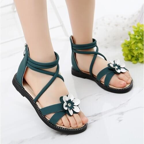 Cute Flower Roman Shoes Girl Sandals Summer Shoes Pink Green Pearl Beading Open-toe Kids Girls Beach Sandals Kids Shoes B657