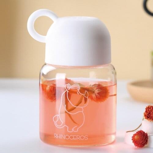 280ml Mini Glass Water Bottle Rhinoceros Print Handy Cup with Cover and Lifting Ring Easy To Carry Lovely Couple Coffee Cup