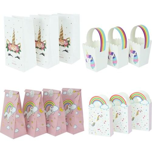 10/12pcs Cartoon Animal Rainbow Paper Bags Unicorn Party Gift Boxes Kids Birthday Supplies Favor Packaging Bag Basket Decoration