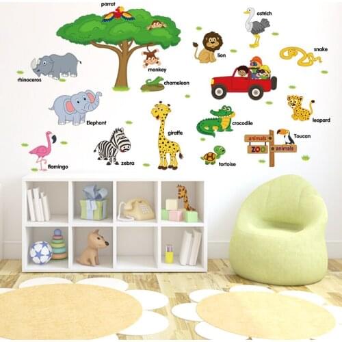 Cartoon Animals Kids Room Nursery Decoration Wall Sticker Giraffe Monkey Flamingo Tiger DIY Vinyl Mural Education Funny Posters