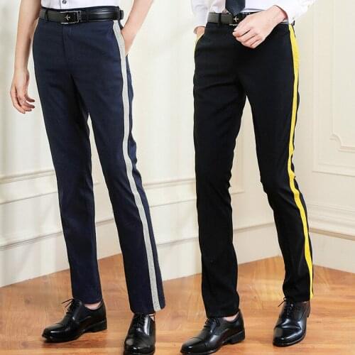 Mens Airline Pilot Uniforms Hair Stylist Gold Silver Stripe Black Navy Blue White Suit Pants Slim Fit Workwear Big Size Male