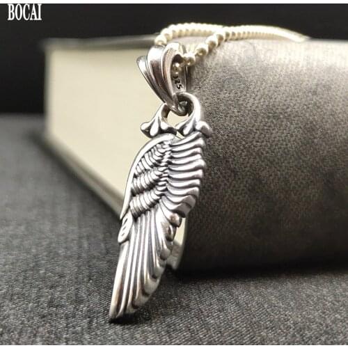 BOCAI Real s925 Silver 2021 Fashion Personality Feather Wings Angel Wings Man and Woman Pendants Retro Hip-hop Punk Jewelry