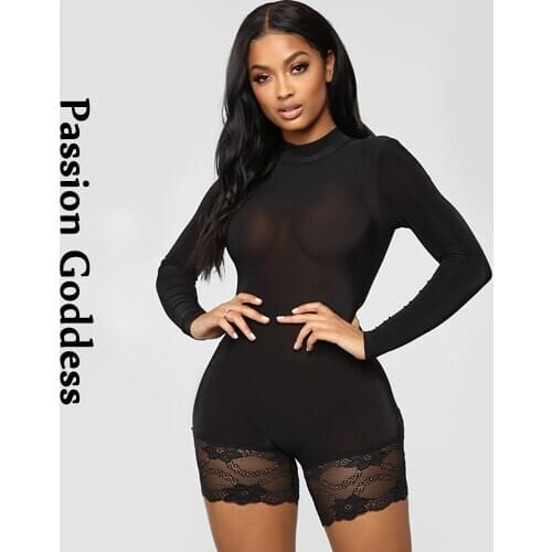 Spring Sexy Women Lace Stitching Playsuits Long Sleeve Skinny Rompers Casual Shorts Jumpsuits Party Longue Overalls Outfits 2021