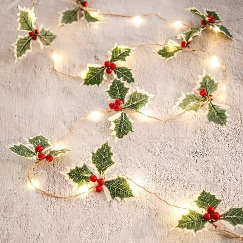 2 Meters Christmas Leaf Red Fruit LED String for Christmas Decoration Ornaments for Tree Holiday Photography Props Berry String