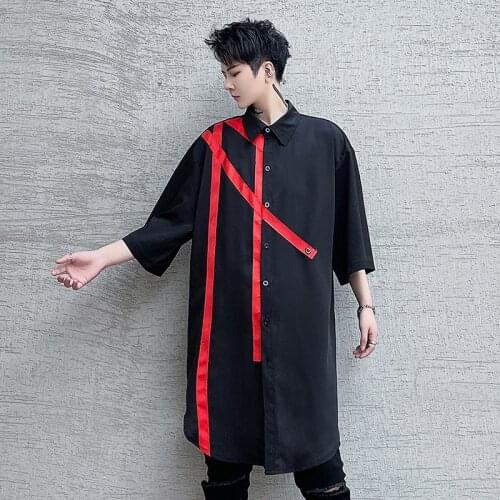 2021 Red Black Patchwork Long Shirt Spring Summer Mens Harajuku Casual Oversized Shirts Korean Fashion Blouse Chemise Homme