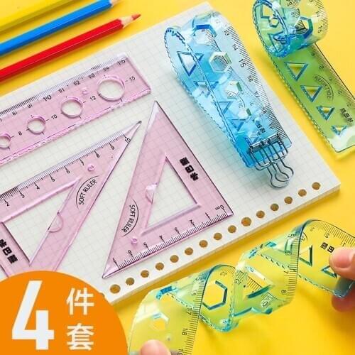 School Supplies Soft Ruler 4PCS Set Triangle Ruler Maths Set Kawaii Accessories Multifunctional Stationery Wave Protractor