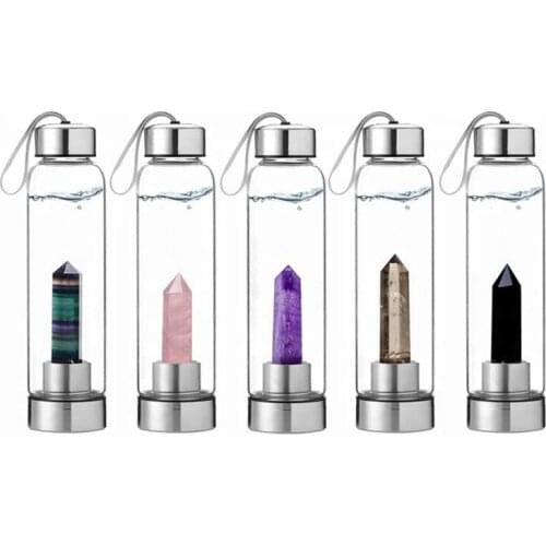 Glass Bottle Natural Quartz Gemstone Crystal Hexagonal Pointed Column+Bottom Mesh Water Bottle Energy Crystal