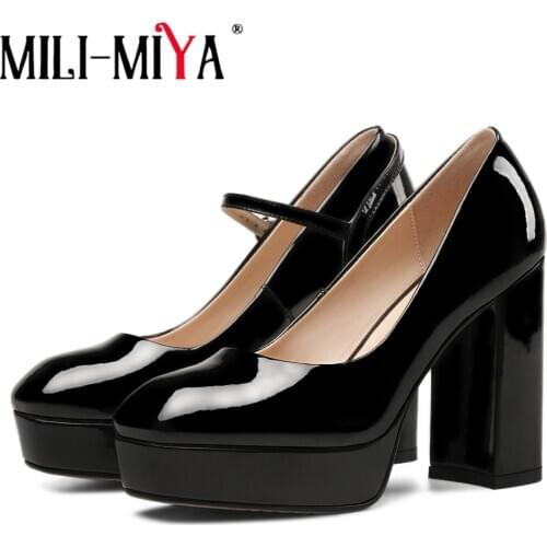 MILI-MIYA Fashion Super High Thick Heels Women Cow Leather Pumps Platform Buckle Strap Round Toe Dress Party Shoes Handmade