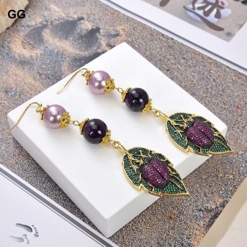 GuaiGuai Jewelry Amethyst Sea Shell Pearl Cz Pave Beetle Hook Earrings