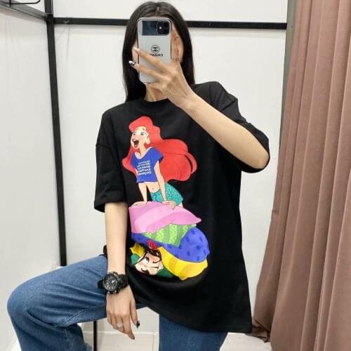 Disney Cartoon Princess Shirts for Women Print Round Neck Short-sleeved Women Fashion Clothing Graphic T-Shirts Harajuku Kawaii