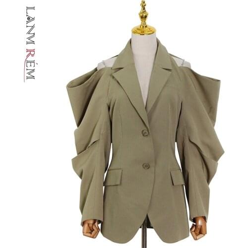 LANMREM Solid Pleated Women Coat Notched Long Sleeve Gathered Waist Hollow Out Womens Blazer 2021 Fashion Clothing New 2C2173