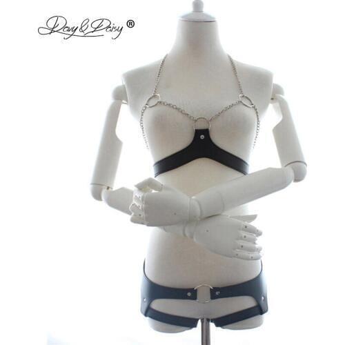 DAVYDAISY Women Sexy Set Bra Chain PU Leather Open Bust Bralette Crop Top Open Crotch Panties Sexy Lingerie Erotic Apparel SE501