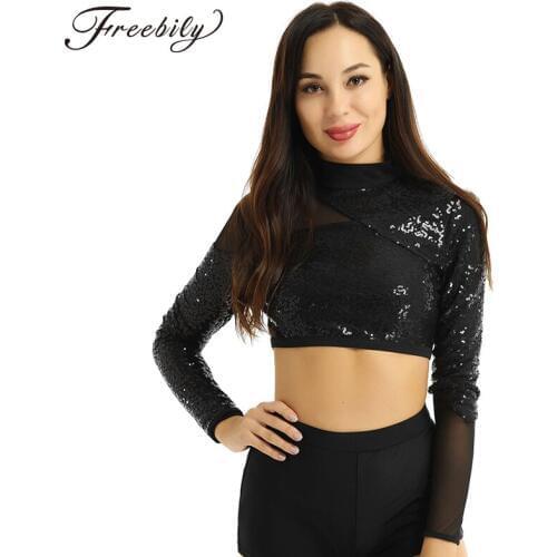 Women Shiny Sequins Long Sleeves Mesh Splice Sexy Crop Tops Ballet Performance Dancewear Nightclub Party Festival Rave Costume