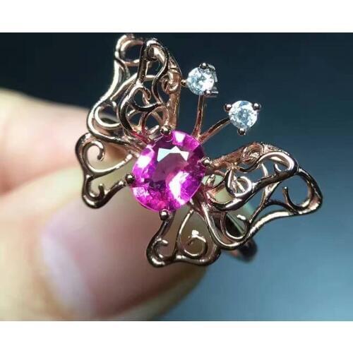 Natural red tourmaline gem Ring Natural gemstone ring 925 sterling silver trendy Elegant butterfly women girl wedding Jewelry