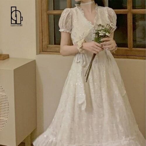 Lace Vintage Floral Dress Women V-Neck Designer Fairy Elegant Long Dress Summer Korean Retro Short Sleeve Casual Party Dress