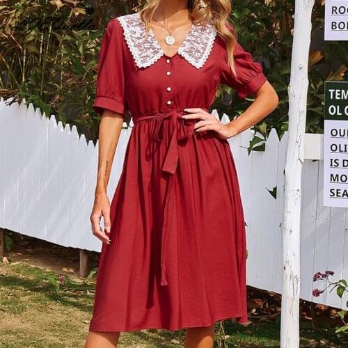 LZEQuella Womens High Waist Belt A-Line Lace OL Dress 2021 Vintage Patchwork Short Sleeve Vestidos Party Elegant Dresses NZ3519