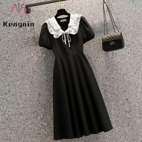 Loose Oversize Women Dress 2021 Summer French Office Lady Work Vestidos Dress Bow Short Puff Sleeve Female Robe Dress KE1331