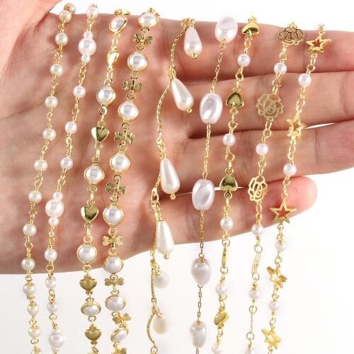 1 Meter Pearls Beads Chains Flowers Star Shape Gold Plated Metal Copper Chain for Jewelry Making DIY Bracelet Anklet Accessories