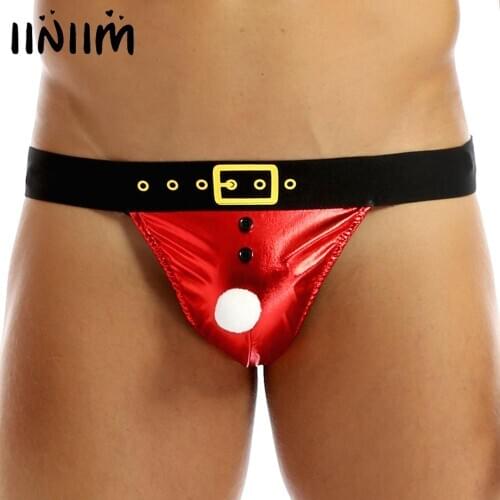 US/UK Mens Underwear Shiny Santa Lingerie Panties Jockstraps Bulge Pouch Christmas Costume G-String Thongs Sexy Briefs Underwear