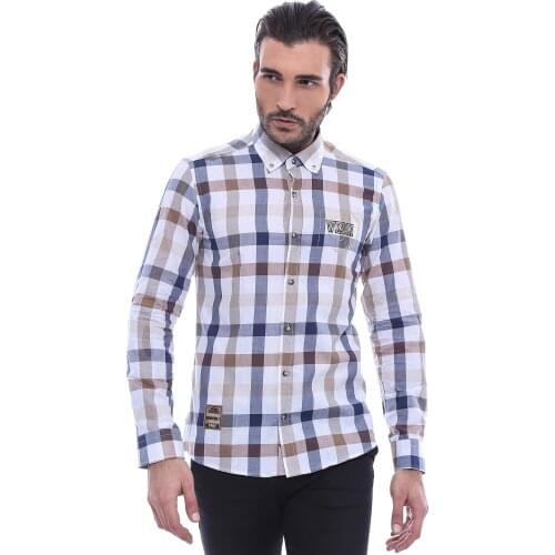 Plaid Embroidered Beige Long Sleeve Shirt