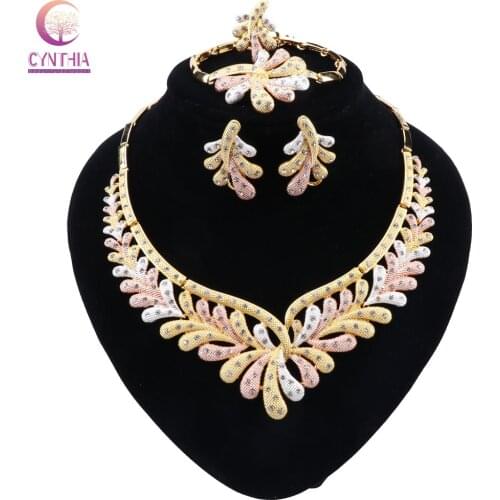 CYNTHIA African Bridal Dubai Jewelry Sets Crystal Necklace Earrings Ring Bracelet Nigerian Women Fashion Wedding Gold Jewelry