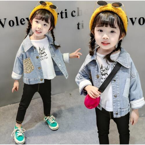 7 Options Baby Girls Fashion Leopard Spliced Denim Jacket Little Kids Lovely Embroidered Casual Coat Childrens Outerwear X407