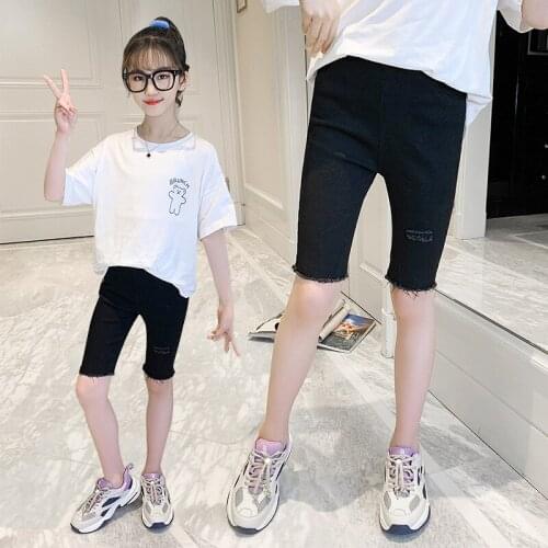 Girl Denim Shorts Five-point Mid-pants 2021Summer Kids Denim Short Tassel Solid Girls Casual High Waist Shorts Streetwear