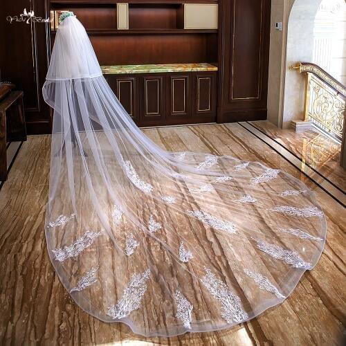 LZP306 Romantic Christmas Tree Design Bridal Veil 4 Meters Long And 3 Meters Wide Wedding Veil Two Layer Cathedral Wedding Veil