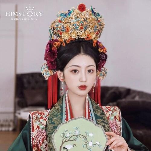 HIMSTORY Vintage Chinese Red Tassel Wedding Queen Coronet Crown Costume Bridal Hairwear Stage Show Head Jewelry Accessories