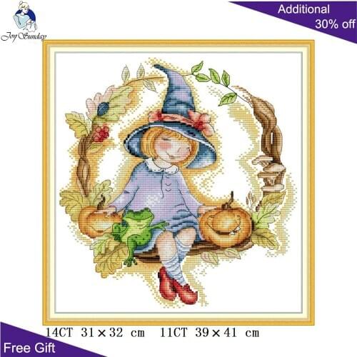 Joy Sunday Magic Little Girl RA352 14CT 11CT Counted and Stamped Halloween Pumpkin Girl Home Decor Needlepoint Cross Stitch kits