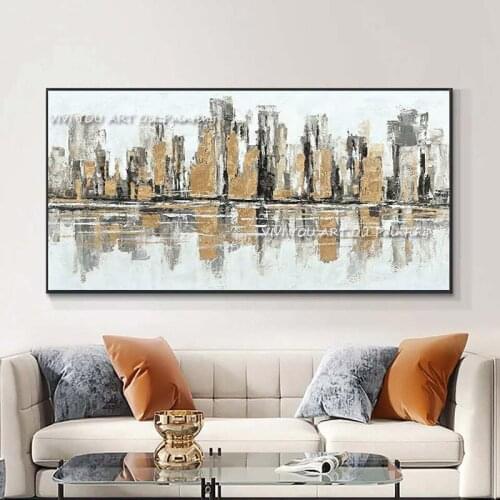 100% Handmade Oil Painting Abstract Gold City View Canvas Paintings Large Cuadros Modern Wall Art Decoration Picture Unframe