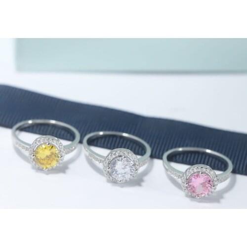 SLJELY Fashion Real 925 Sterling Silver White Pink Yellow Round Zircon Finger Ring Women Wedding Dinner Party Fine Brand Jewelry
