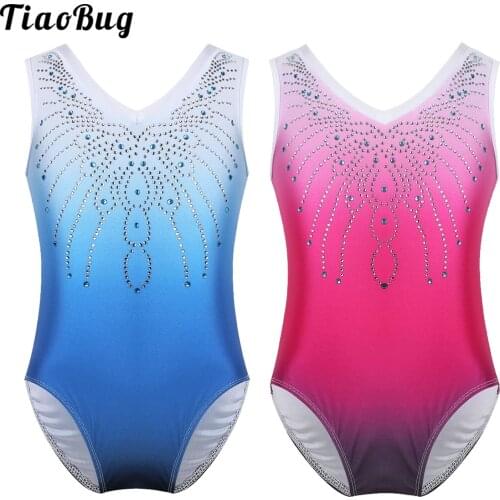 TiaoBug Kids Girls One Piece Sleeveless V Shaped Neck Shiny Rhinestone Ballet Dance Gymnastics Leotard Jumpsuit Bodysuit