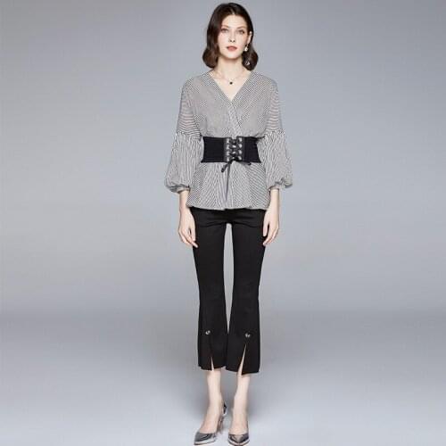 Pants Suits 2020 Summer Fashion Striped V-Neck Lantern Sleeve Slim Waist Belted Top + Small Split Cropped Trousers Two Piece Set