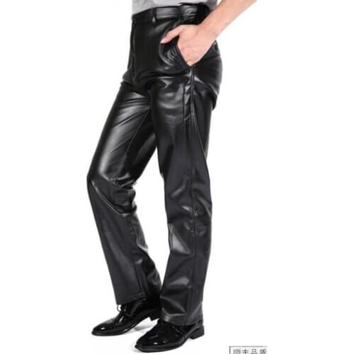 Plus velvet thick leather pants mens feet pants personality motorcycle faux leather pu trousers for men Straight windproof black