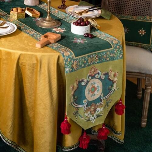 Table Runner American Retro Long Strip Cover Cloth Dining-Table Decor Exquisite Printing Flannel Tassel Classical Table Runner
