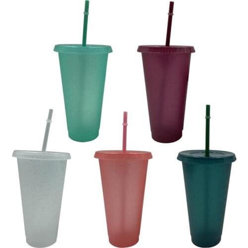 New Reusable Flash Powder Shiny Plastic Water Bottle Cold Cup with Lid and Straw