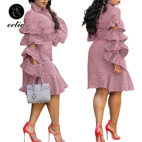 Flare Sleeve Dress Layers Drawstring Front Button Sukienka Elastic Waist Pinstripe Cascading Ruffle Turndown Collar Dress Women