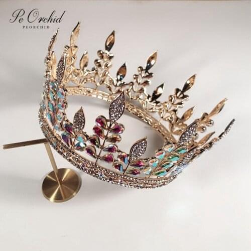 PEORCHID Beauty Pageant Crown Gold Coroas Para Noiva Crystal Rhinestone Hair Jewelry Bridal Tiara Hair Wedding Accessories
