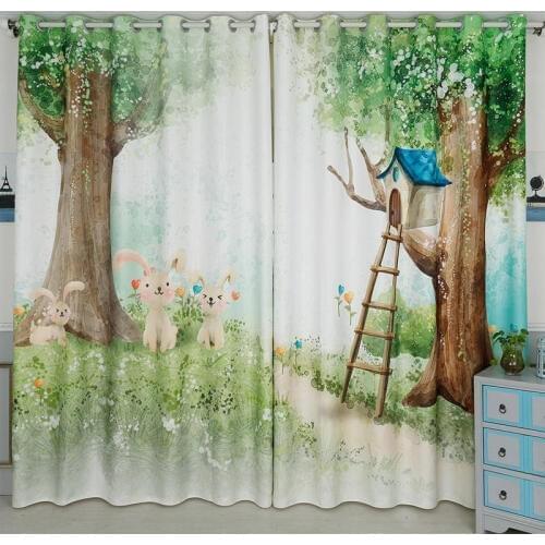 2x Tailored 200x260cm Drapery Panel Window Dressing Tulle Curtain for Nursery Kids Children Room Trees Rabbit Ladder Green